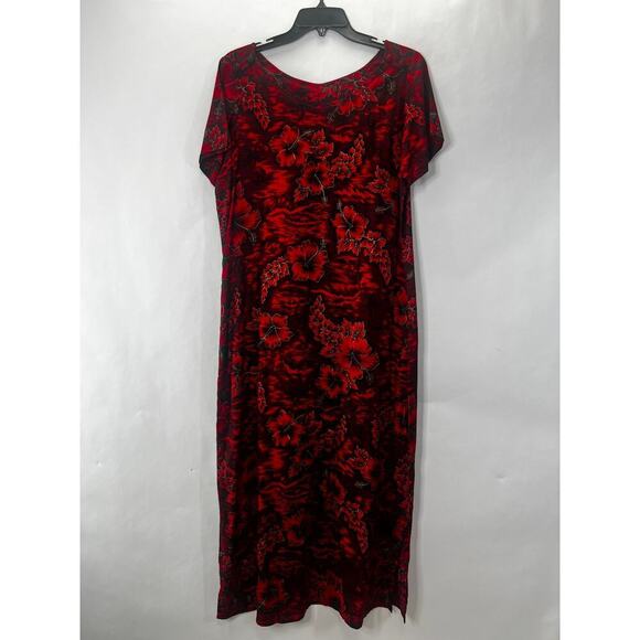 Vintage Hawaiian Floral Maxi Dress Red Gold Detail Size M - Picture 1 of 9